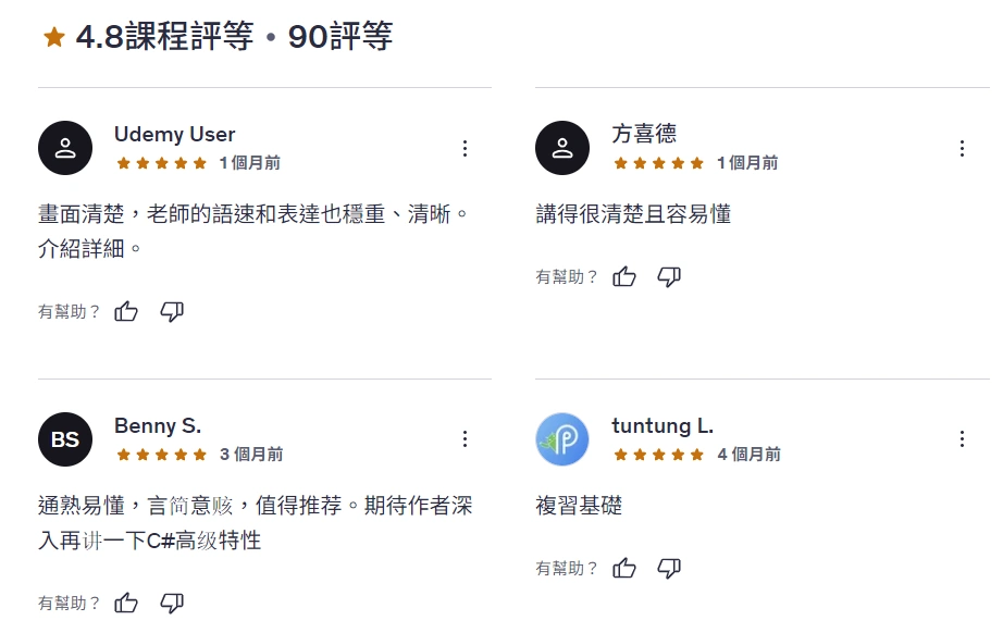 學員評價 - Udemy 課程評價
